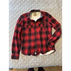 True Religion Mens Small Utility L/S Flannel Shirt Red Plaid Thermal Lined